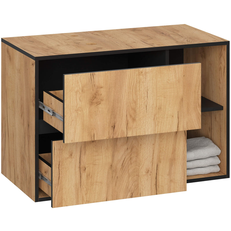 SZAFKA ŁAZIENKOWA POD UMYWALKĘ Z OTWORAMI VAMI W90 UM 2SZ 2P DĄB CRAFT / CZARNY