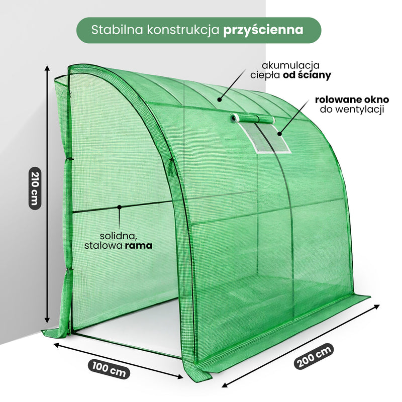 Szklarnia ogrodowa foliowa przyścienna 1 drzwi 1 okno Zielona 100x200x210 cm
