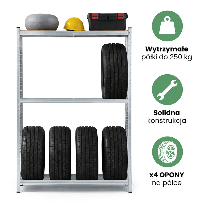 Regał na opony metalowy garażowy 120 cm 3 półki 120x40x180 Galwanizowany Srebrny
