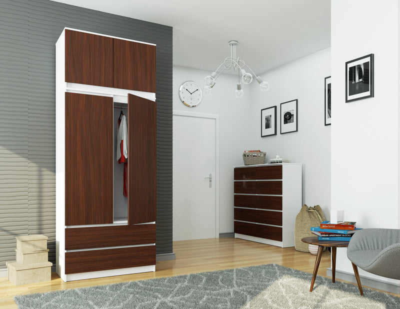 SZAFA Z NADSTAWKĄ S 90 cm 2 DRZWI 2 SZUFLADY BIAŁA / WENGE